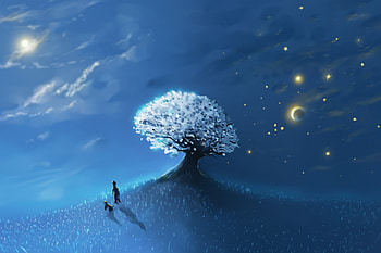 White tree, white, art, alromeadheen, fantasy, ahmx, tree, silhouette, night, blue, luminos HD wallpaper