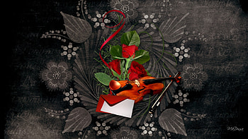 Grunge Musical Valentine, ribbon, romance, violin, dark, envelope, letter, music, Valentines Day, musical, love, red rose, romantic, grunge, bow HD wallpaper