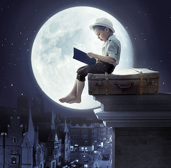 reading, moon, boy, moonlight HD wallpaper