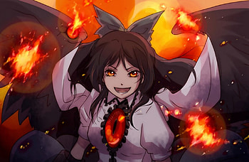 Try to beat me!, Touhou, girl, flame, anime, Reiuji Utsuho, fire, manga, eye, female HD wallpaper