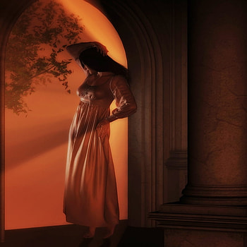 afterglow, fantasy, archway, girl, dress, sunset HD wallpaper