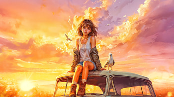 Girl On Vintage Car Roof, vintage, car, artist, artwork, art, digital-art, girl, pigeon, sky HD wallpaper
