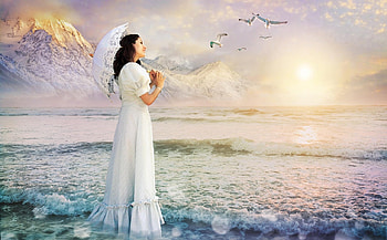 Sun rising over the sea, summer, sea, fantasy, parasol, girl, annewipf, water, vara, sunrise HD wallpaper