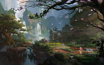 Spring, umbrella, asian, art, temple, pink, fantasy, petals, green, sakura, waterfall HD wallpaper
