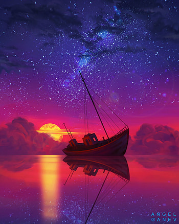 Sunset, Art, Horizon, Ship, Full Moon HD phone wallpaper