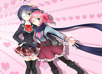 ~Rikka & Satone~, eyepatch, pink hair, shichimiya satone, wink, hearts, chuunibyou demo koi ga shitai, takanashi rikka, boots, friends HD wallpaper