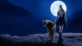 Tiger Girl Moon , tiger, girl, moon, artist HD wallpaper