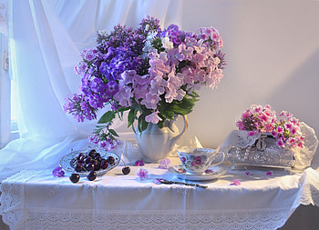 Still life with flowers, Flowers, Plate, Curtain, Berries HD wallpaper