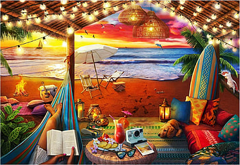 Cozy Cabana, hammock, beach, sea, dog, lights, campfire HD wallpaper