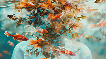 Surreal Aquatic Fauna and Flora Fusion, goldfish, water, leaf, artistic HD wallpaper