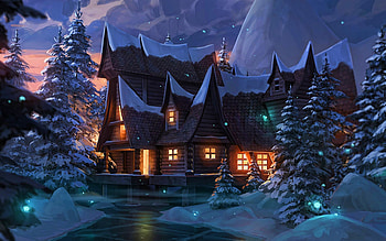 forest hut, winter, night, forest, fabulous landscape, snowdrifts, snowfall, fairy tale, hut HD wallpaper