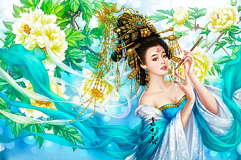 Geisha, digital, art, fantasy, flowers, girl, woman, blue, beautiful, lamamake HD wallpaper