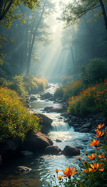 Serene River: A Tranquil , river, flower, sunlight, forest, nature HD phone wallpaper
