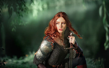 Warrior girl, model, sword, green, cosplay, girl, redhead, warrior, woman HD wallpaper