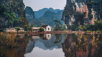 Village, nature, lake, mountain HD wallpaper