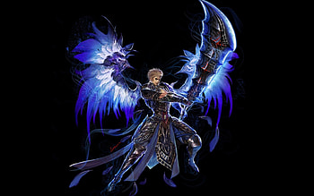 Angel, blue, wings, black, youngmin suh, art, man, fantasy, weapon, game, luminos, guy HD wallpaper