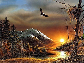 Nature painting, river abstract, painting, bird, art, nature, sunset HD wallpaper