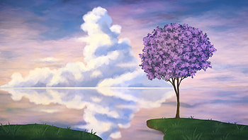 Violet Tree Paradise Reflection, violet, tree, reflection, grass, sky, clouds, artist, artwork, art, digital-art, pixiv HD wallpaper