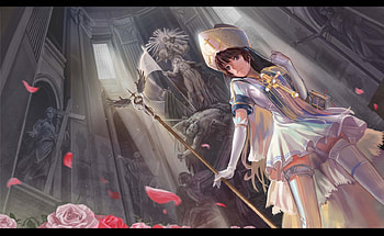 Arc Bishop, staff, specter, cross, cute, floral, rod, dress, statue, rose, wand, petals, flower, hat, female, sexy, hot, girl, anime girl, anime, building, weapon, cap HD wallpaper