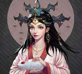 Chang'e, white, change, frumusete, art, gorgeous, girl, goddess, superb, jewel, bunny, fantasy, red, chang e, sanlianger302, rabbit HD wallpaper
