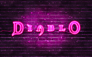 Diablo purple logo, , purple brickwall, Diablo logo, games brands, Diablo neon logo, Diablo HD wallpaper
