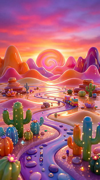 — Candy Cactus Sunset, Fantasy Landscape, River HD phone wallpaper