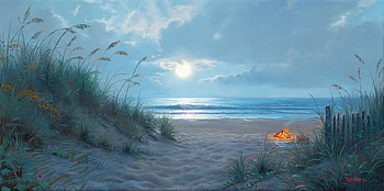 Moonlight by Mark Keathley, blue, sea, art, bonfire, beach, summer, painting, moon, pictura, luna, mark keathley, sky, water, vara HD wallpaper