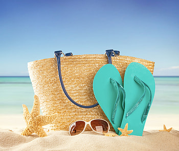 Summer Vacation, sea, starfish, summer, sand, bag, sun, flip flopes, beach HD wallpaper