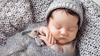 Cute Baby Is Sleeping With Toy Wearing Woolen Knitted Cap Cute HD wallpaper
