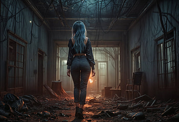 Blue Hair Woman Post Apocalyptic, dark, abandoned, post apocalyptic, woman, Melancholic HD wallpaper
