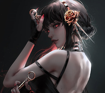 Golden rose, red, flower, face art, girl, vampire, golden, art, nixeu, eyes, rose, fantasy HD wallpaper
