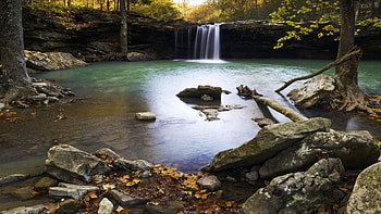 Richland Creek Wilderness, Ozark Nat'l Forest, Arkansas, river, fall, colors, trees, autumn, waterfall, ponf, stones HD wallpaper