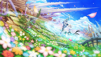 Fairy Fencer, blue, white, magic, art, sword, man, cold, beautiful, grass, pink, boy, anime, pretty, field, green, yellow, clouds, sky, flowers, guy, ice HD wallpaper