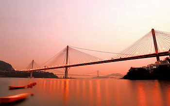 mighty bridges in beautiful magenta sunset, straits, boats, magenta, bridges, sunset HD wallpaper