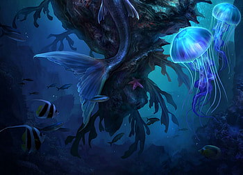 Fish and jellyfish, blue, jim warren, art, jellyfish, summer, fantasy, underwater, fish, luminos, water, vara HD wallpaper