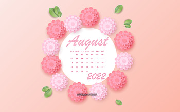August 2022 Calendar, , pink flowers, August, 2022 summer calendars, 3d paper pink flowers, 2022 August Calendar HD wallpaper