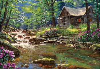 Fishing Cabin - Mark Keathley, artwork, creek, painting, trees, forest, stones HD wallpaper