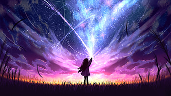Anime Little Girl In Field With Cosmic Light Burst, anime-girl, field, light, burst, sky, stars, star, purple, artist, artwork, art, digital-art, ai, pixiv HD wallpaper
