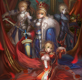 Fate Stay Night, blond hair, excalibur, blonde, cute, Saber Lily, knight, long hair, dress, fate zero, team, Saber Extra, group, sinister, , blonde hair, warrior, female, sexy, blond, fate extra, sword, hot, girl, armor, Saber Alter, anime girl, anime, Saber, green eyes HD wallpaper