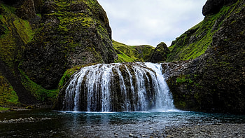 Waterfall, grass, nature, tree HD wallpaper