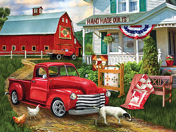 Stopping at the Farm, dog, barn, hens, painting, quilts, car, house HD wallpaper