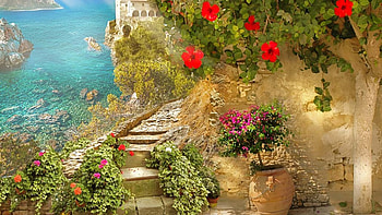 Seaside, sea, summer, stairs, flowers, tree, beach HD wallpaper