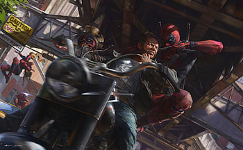 Wolverine Vs Deadpool On Bike Fight, wolverine, deadpool, superheroes, artwork, artstation, artist HD wallpaper