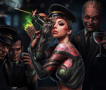 Magician, black, tattoo, girl, pink, kyuyong eom, fantasy, green, luminos, hat HD wallpaper