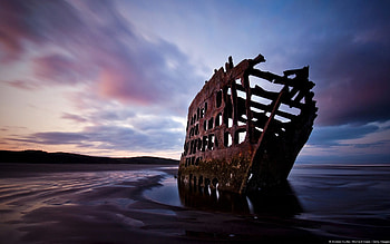 Shipwreck, boat, sand, ashore, washed up, water, land, ocean HD wallpaper