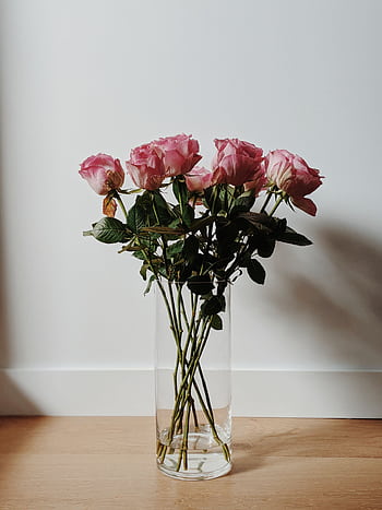 A beautiful arrangement of pink roses in a clear glass vase on a wooden surface indoors. HD phone wallpaper