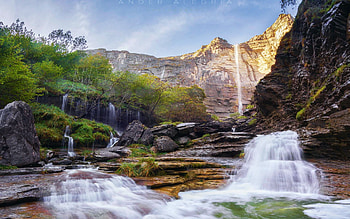 Nervion Falls, Alava, Spain, river, trees, landscape, sky, rocks, mountains HD wallpaper