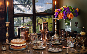 A Lazy Summer's Afternoon, cups, still life, window, flowers, cake, teapot HD wallpaper