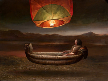 :), boat, art, girl, hot air balloon, orange, painting, pictura, light, ricardo fernandez ortega HD wallpaper