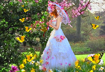 Spring Gathering, girl, flowers, colorful, white, vibrant, butterflies, pink, vivid, yellow, green, bright, trees, bold HD wallpaper